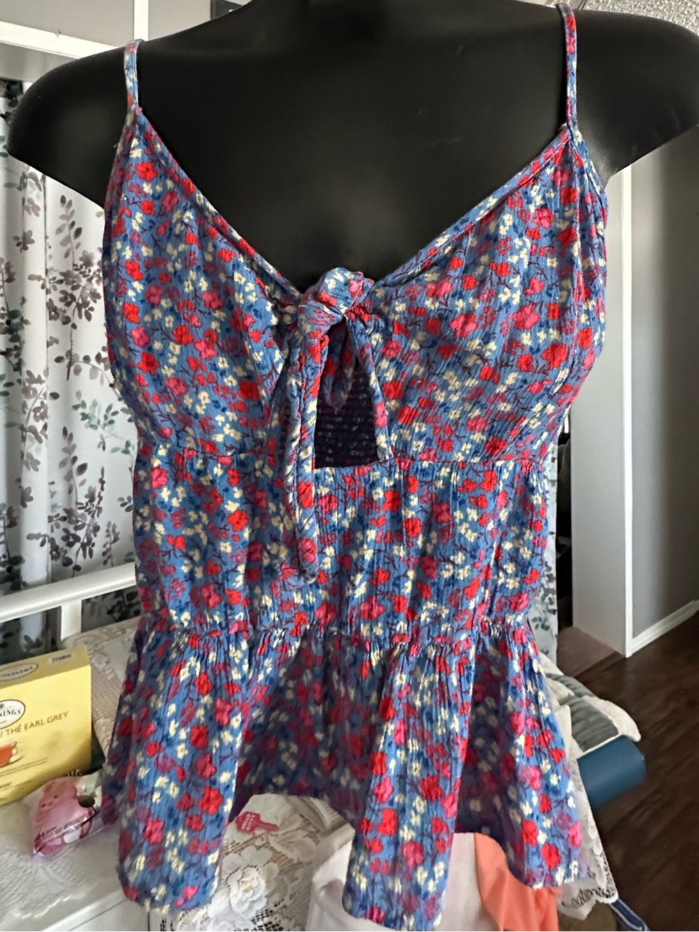 Patrons of Peace Blue Floral Smocked Tank with Red Accents